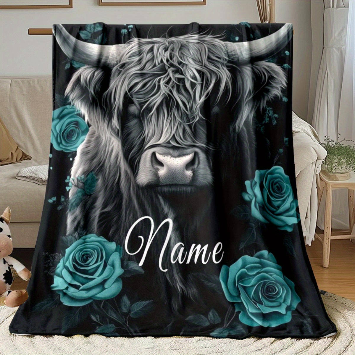Highland Home Textiles - Kişiselleştirilmiş Highland İnek Battaniyesi Siyah ve