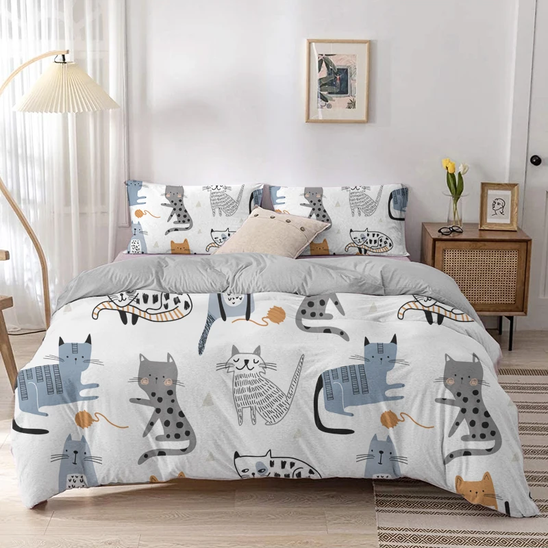 Linen Duvet Cover - Çizgi film kedi yorgan yatak örtüsü