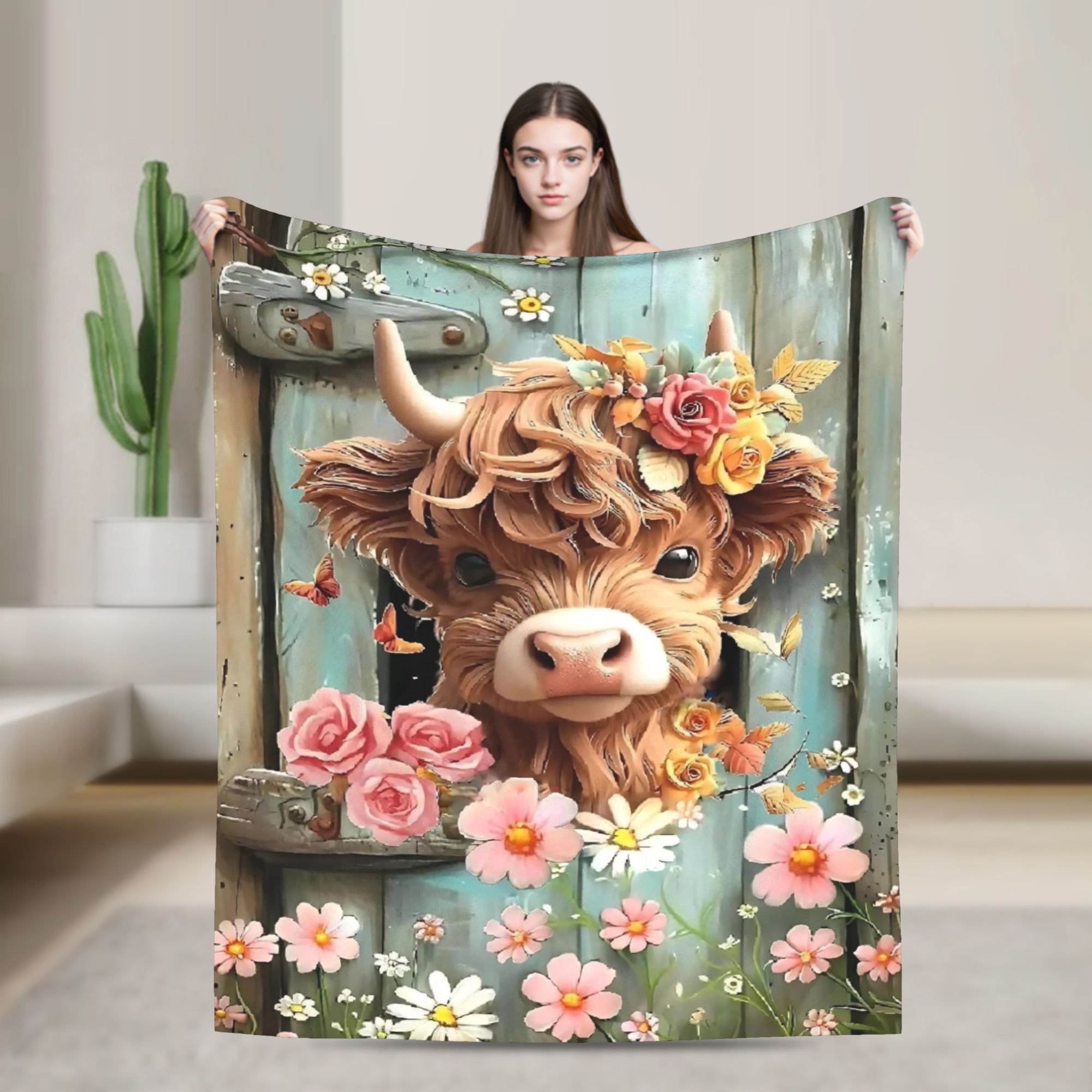 Highland Home Textiles - Yayla İneği Boho Çiçekli Battaniyeler Kadife