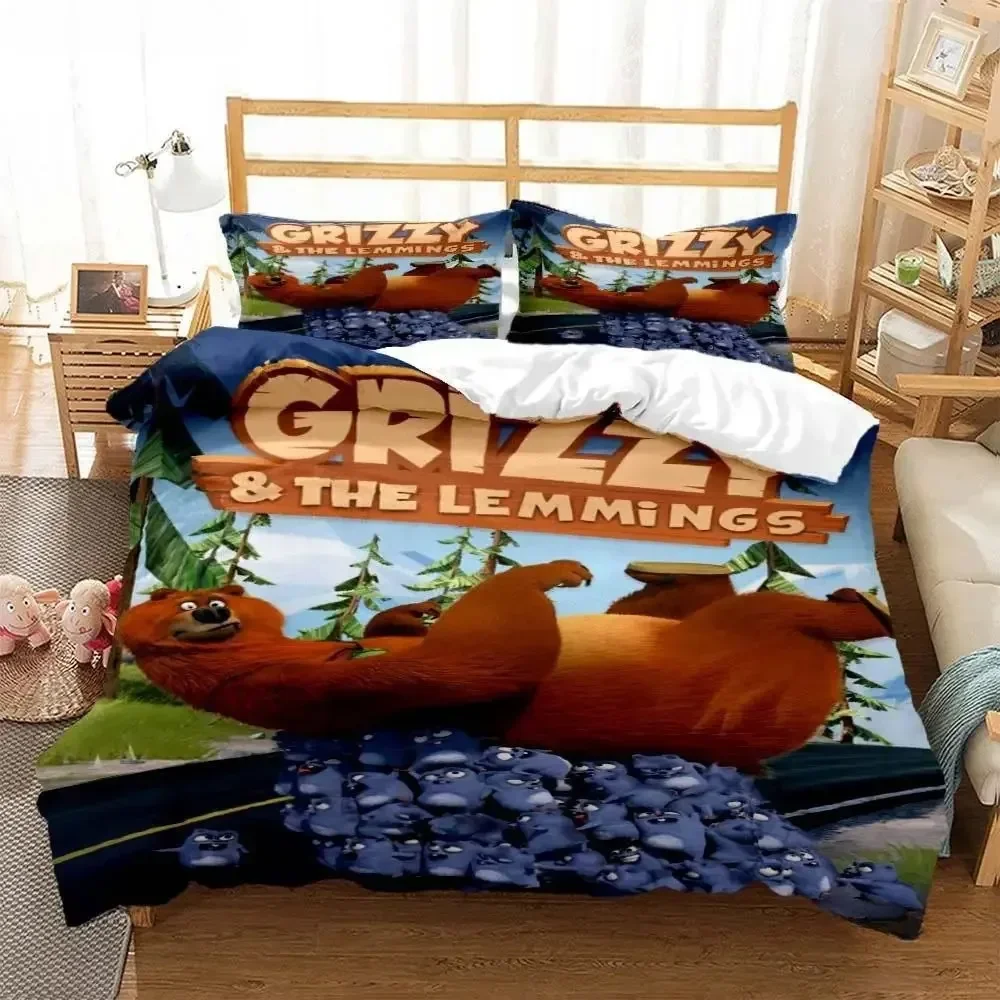 Linen Duvet Cover - Grizzly ve Lemmings Karikatür Anime Baskılı