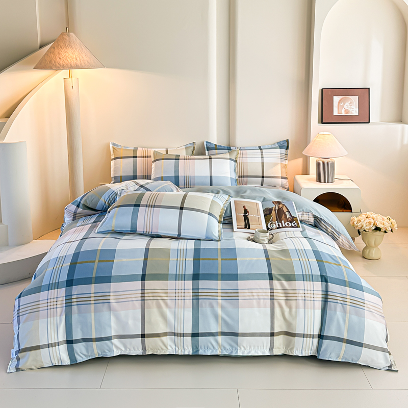 Linen Duvet Cover - 4 adet mavi ekose yatak takımı