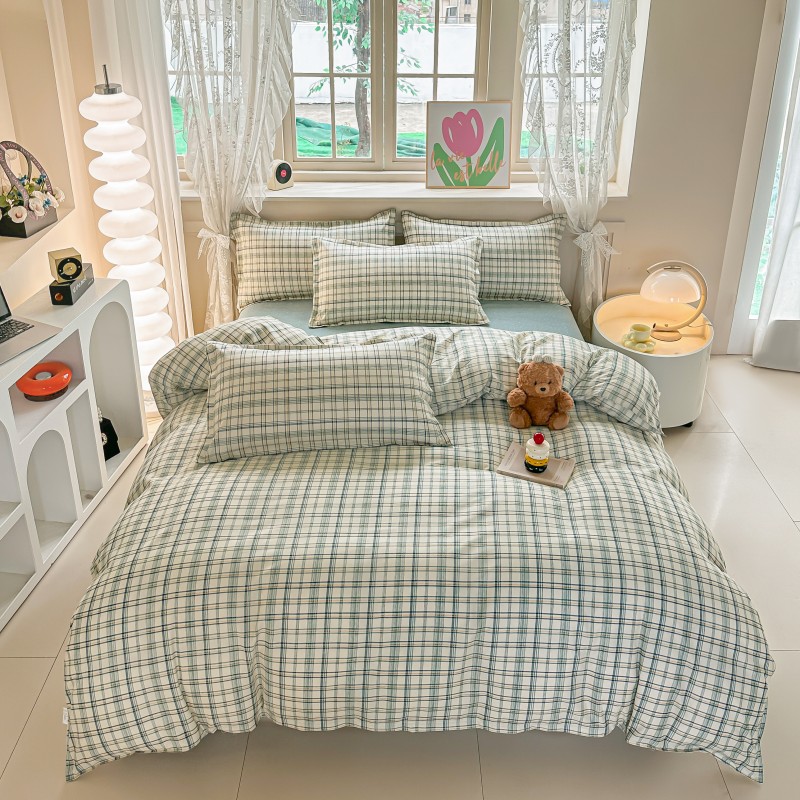 Linen Duvet Cover - 4 Parça Yeşil Ekose Nevresim Takımı,